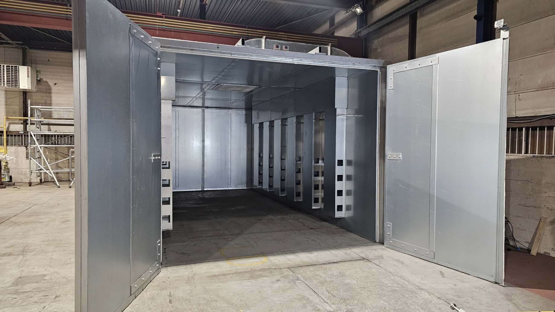 Inside the powder coating curing oven at MorFabrication Washington North East