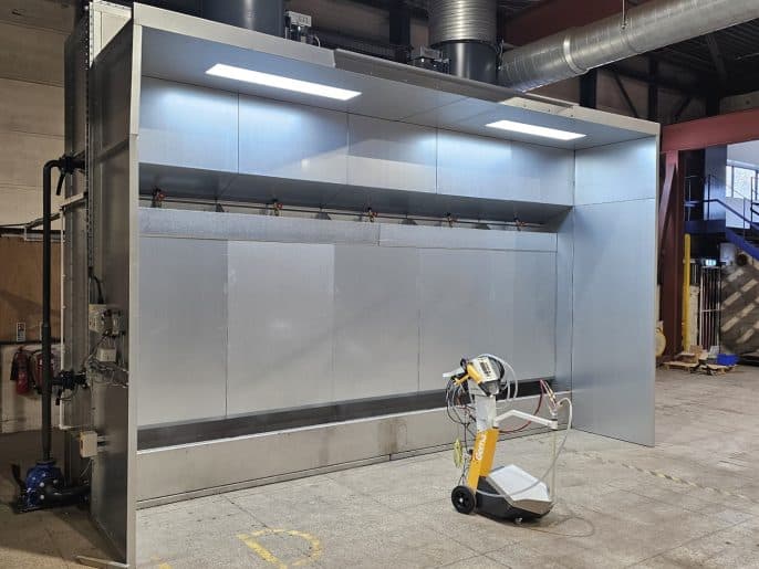 Powder coating spray booth with Gema OptiFlex Pro B gun at MorFabrication Washington