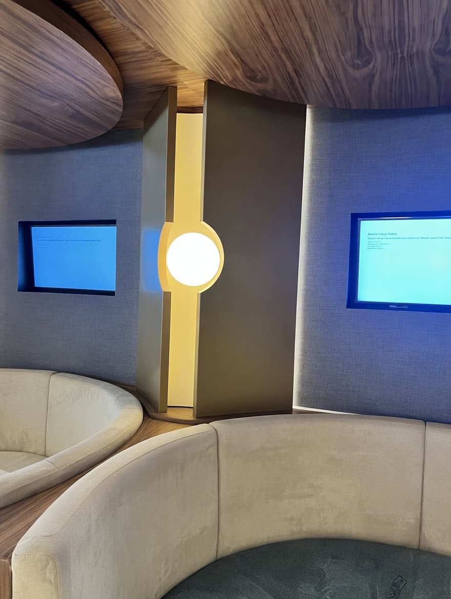 Bespoke brass globe light fixture between VIP booth seating at Everton Stadium Owners Bar