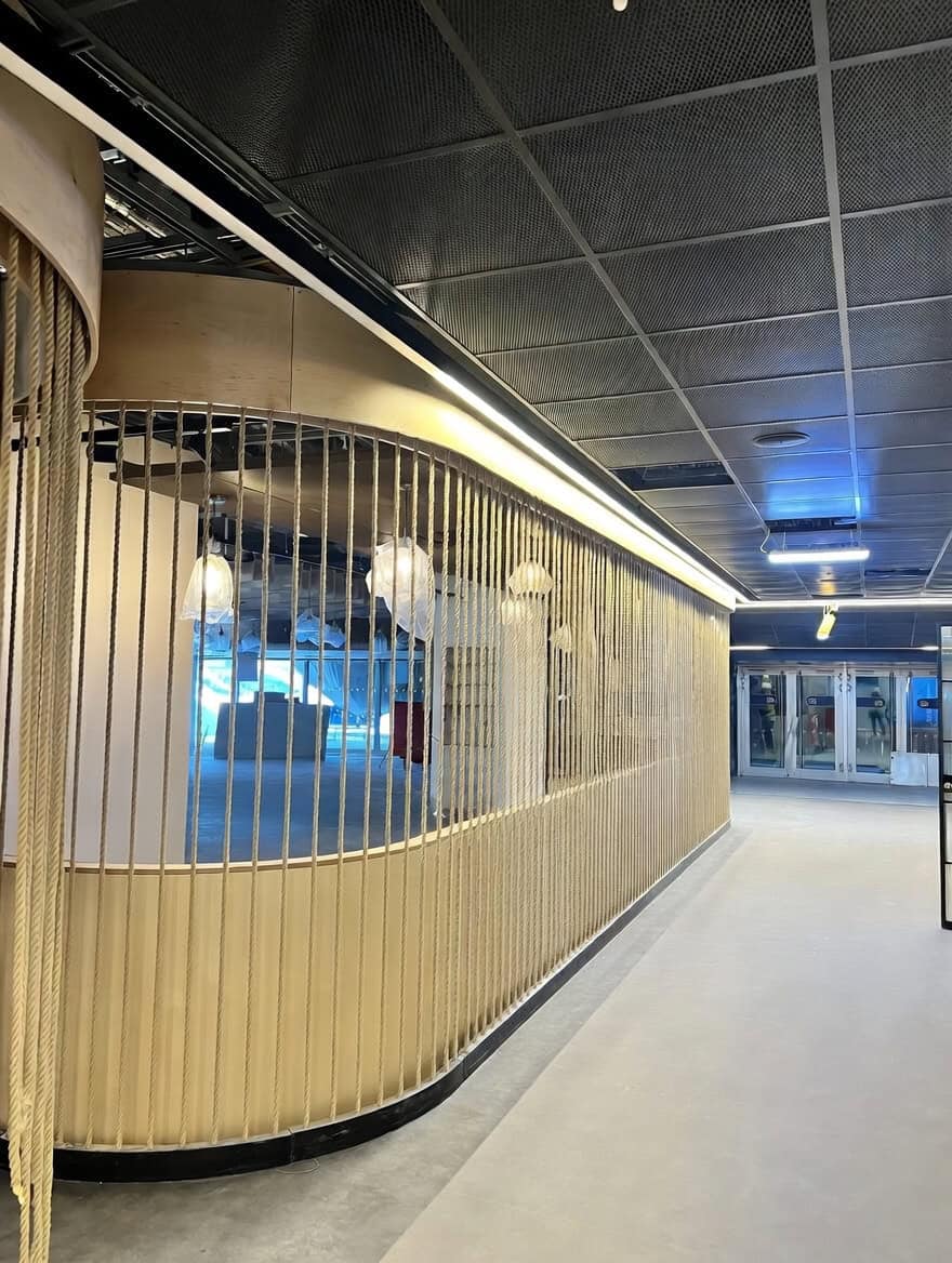 Curved screen and rope divider structure manufactured for Everton Stadium hospitality areas