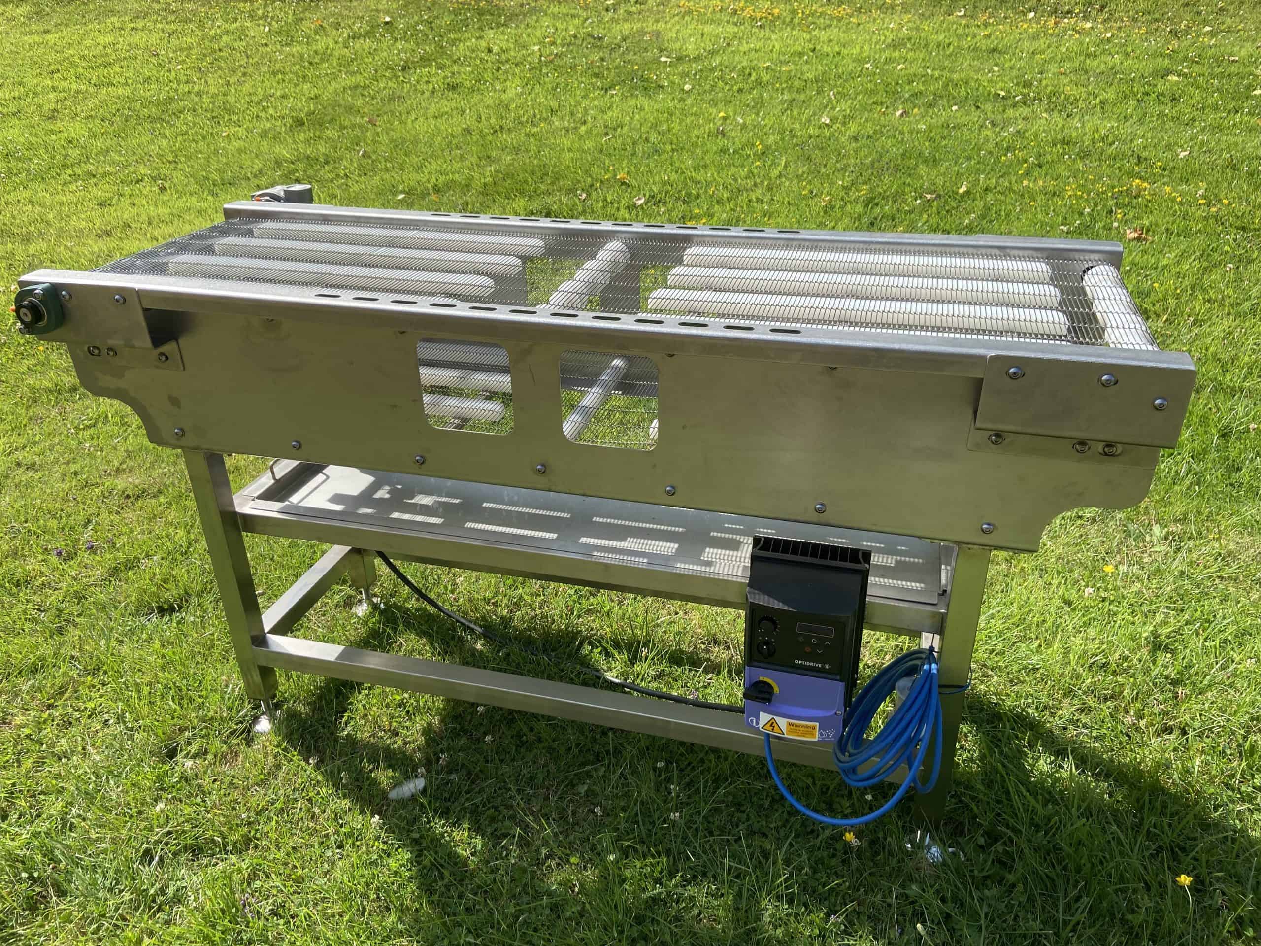 Bespoke stainless steel wire mesh conveyor with Optidrive variable speed motor manufactured by MorFabrication