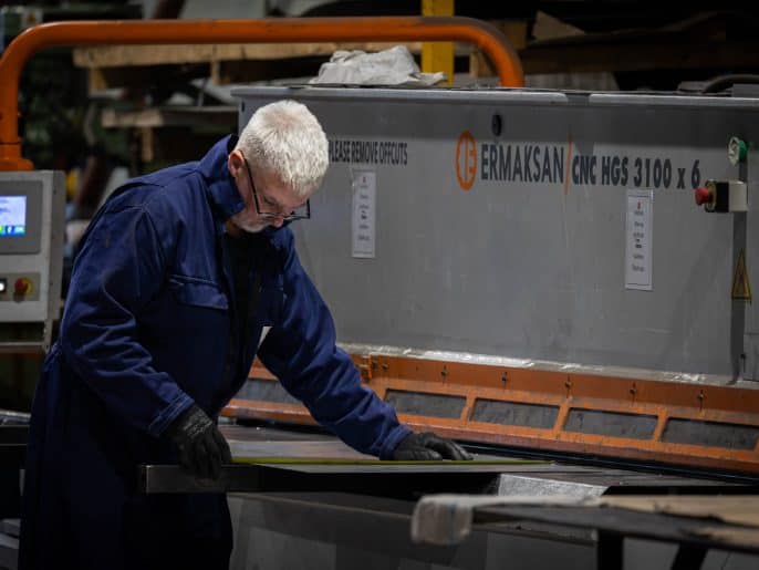Measuring sheet steel on the Ermaksan 3100 x 6 CNC guillotine at MorFab