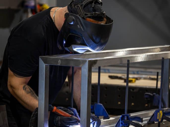 TIG welding a stainless steel box-section frame at MorFab
